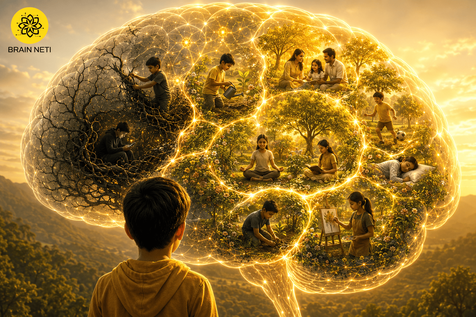 A boy looking up at a glowing brain made of light, filled with scenes of children reading, meditating, playing, painting and bonding with family — with one small shadowed corner still tangled in old habits like endless screen scrolling
